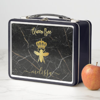 Custom Name QUEEN BEE Black Marble Gold Metal Lunch Box