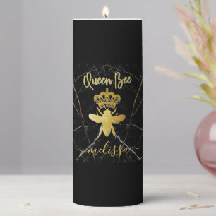 Custom Name QUEEN BEE Black Marble Gold Pillar Candle