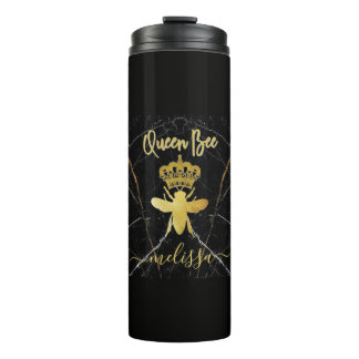 Custom Name QUEEN BEE Black Marble Gold Thermal Tumbler
