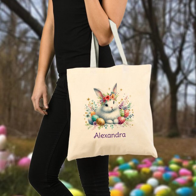  Custom Name Rabbit Flowers Easter Egg Hunt Tote Bag (Creator Uploaded)