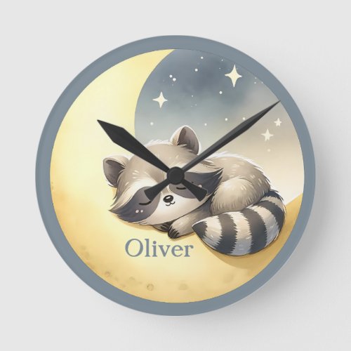 Custom Name Raccoon on the Moon Cute Kids Nursery  Round Clock