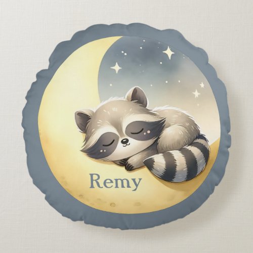 Custom Name Raccoon on the Moon Cute Nursery Round Pillow