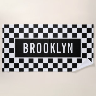 Custom Name Racing Checkerboard Pattern Classic Beach Towel