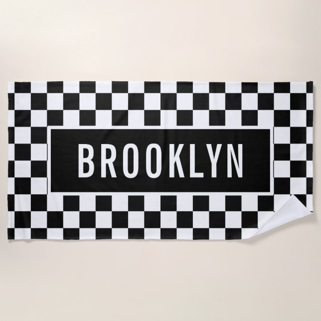 Custom Name Racing Checkerboard Pattern Classic Beach Towel (Front)