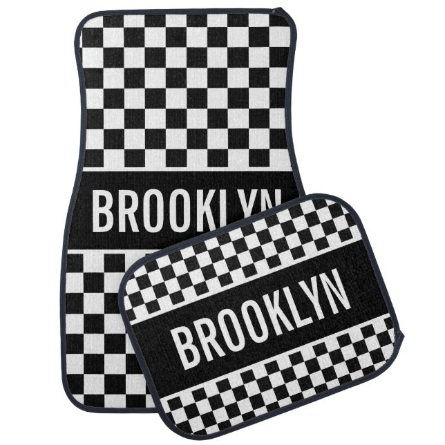 Custom Name Racing Checkerboard Pattern Classic Car Floor Mat (Set)