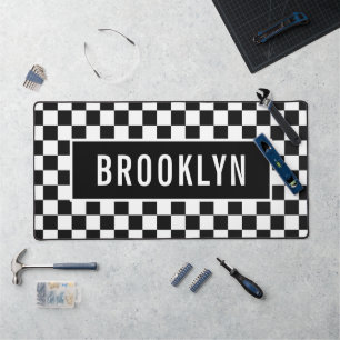 Custom Name Racing Checkerboard Pattern Classic Desk Mat