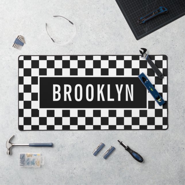 Custom Name Racing Checkerboard Pattern Classic Desk Mat (Workstation)