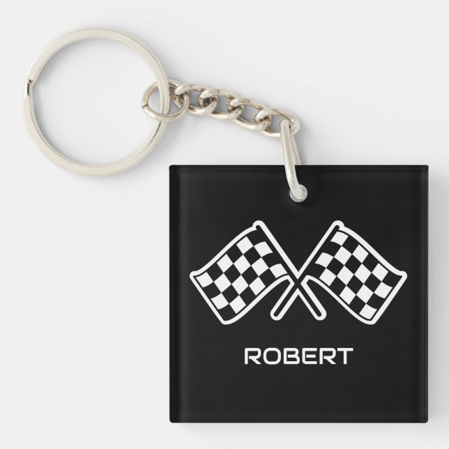 Custom Name Racing Checkered Flags Black Keychain (Front)