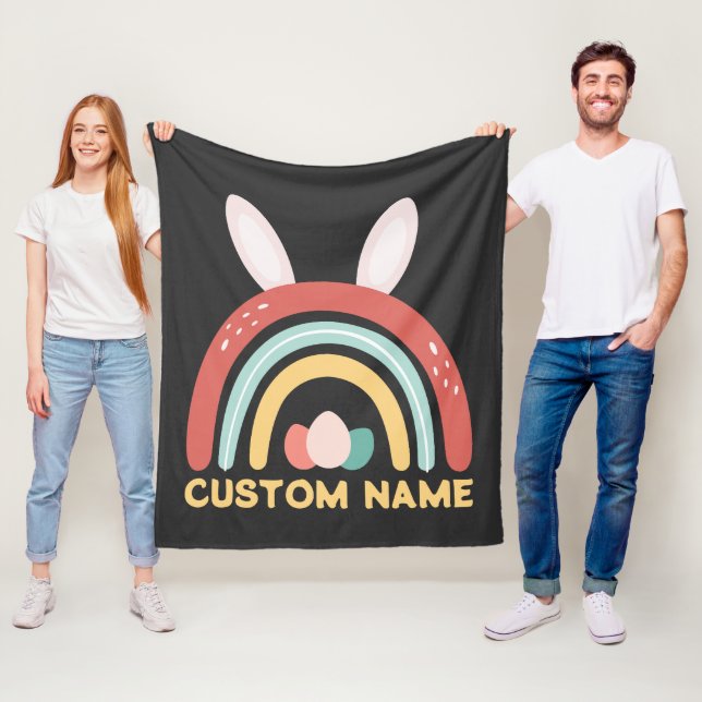 Custom Name Rainbow Egg Bunny Ear Cute Easter Fleece Blanket (In Situ)