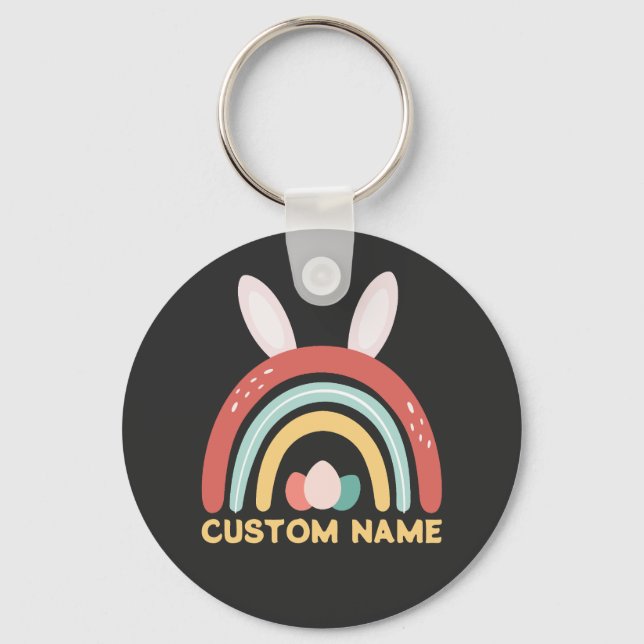 Custom Name Rainbow Egg Bunny Ear Cute Easter Keychain (Front)