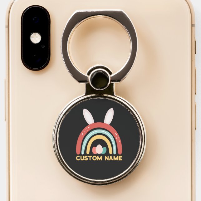 Custom Name Rainbow Egg Bunny Ear Cute Easter Phone Ring Stand (Close Up)