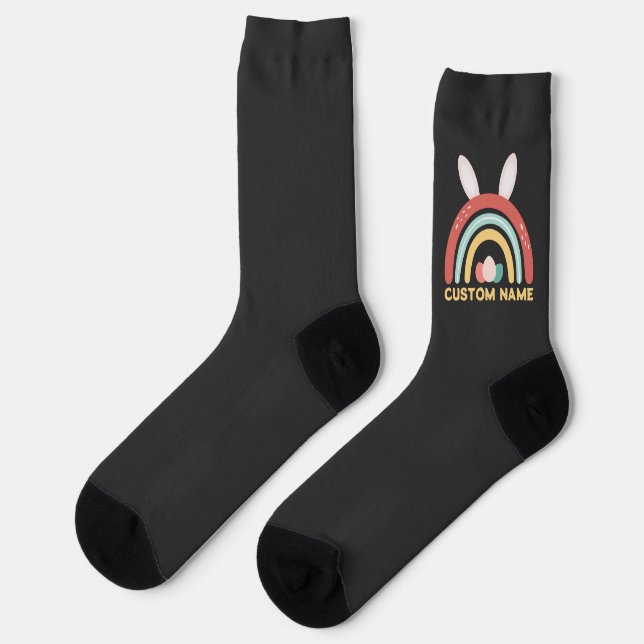 Custom Name Rainbow Egg Bunny Ear Cute Easter Socks (Left)