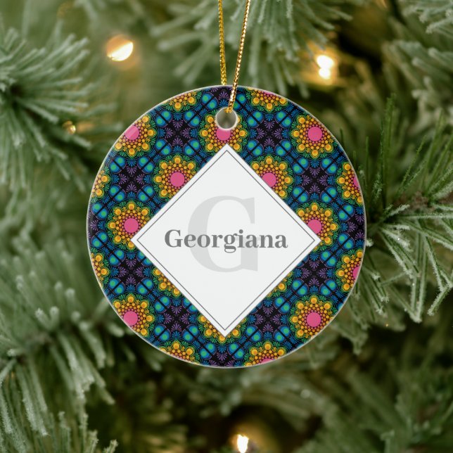Custom Name Rainbow Floral Fountain Diamond Tiles Ceramic Ornament (Tree)