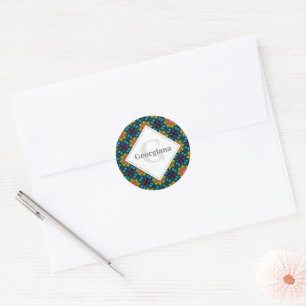Custom Name Rainbow Floral Fountain Diamond Tiles Classic Round Sticker
