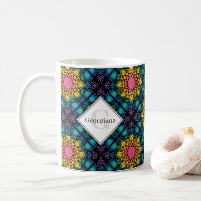 Custom Name Rainbow Floral Fountain Diamond Tiles Coffee Mug (With Donut)