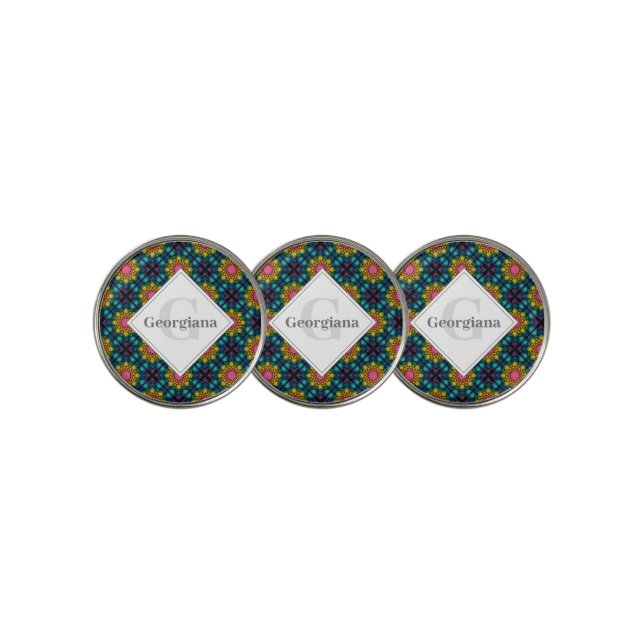 Custom Name Rainbow Floral Fountain Diamond Tiles Golf Ball Marker (3 Up)