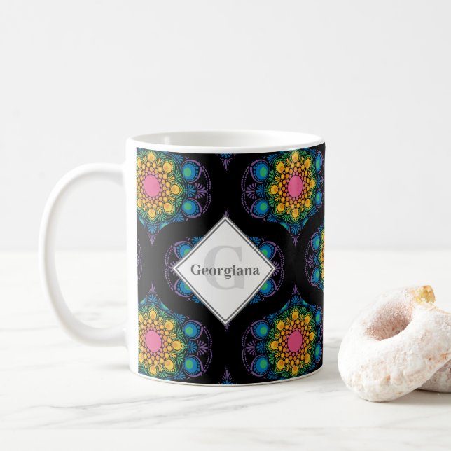 Custom Name Rainbow Floral Fountain Mid Mod Ogee Coffee Mug (With Donut)