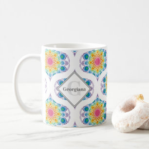 Custom Name Rainbow Floral Mandala Retro Ogee Coffee Mug