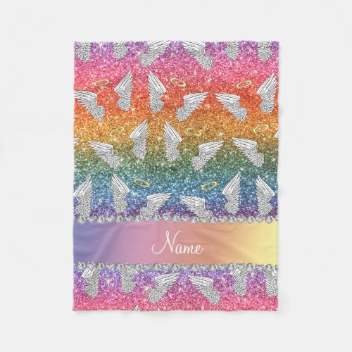 Custom name rainbow glitter angel wings fleece blanket