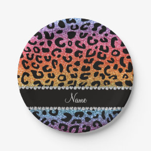 Custom name rainbow glitter cheetah print paper plates