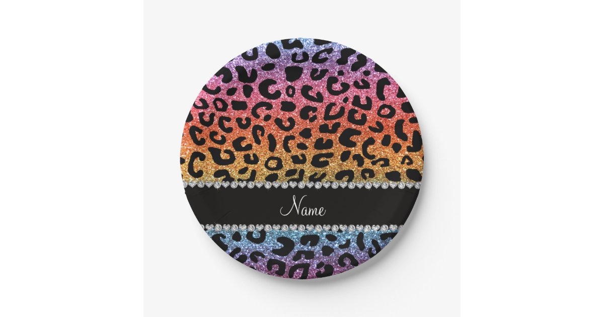 Custom name rainbow glitter cheetah print paper plates | Zazzle