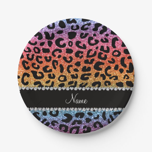 Custom name rainbow glitter cheetah print paper plates (Front)