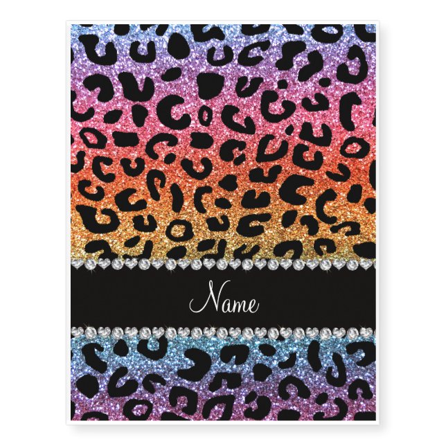 Custom name rainbow glitter cheetah print temporary tattoos (Front)