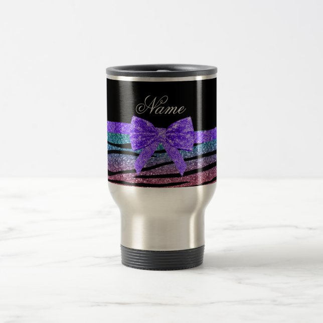 Custom name rainbow glitter zebra stripes bow travel mug (Center)