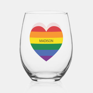 Custom Name Rainbow Heart Stemless Wine Glass