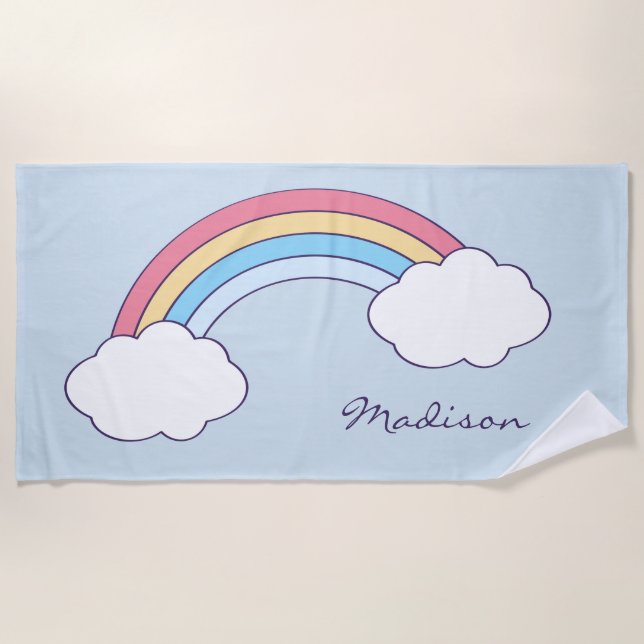 Custom name Rainbow Sky beach towel (Front)