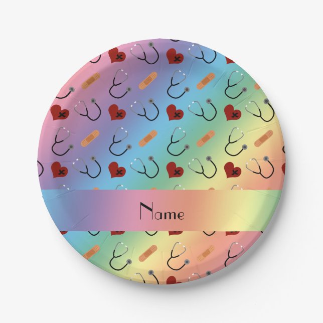Custom name rainbow stethoscope bandage heart paper plates (Front)