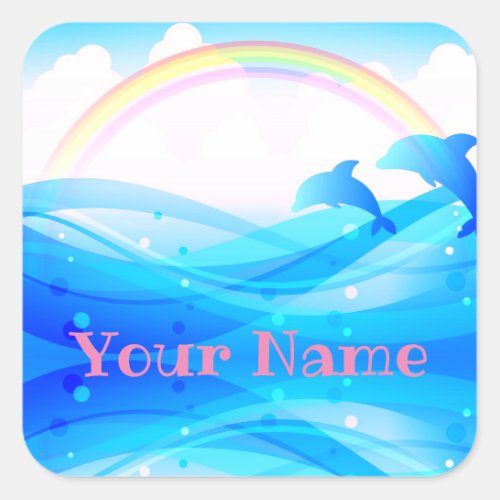 Custom Name Rainbow Summer Magic Blue Dolphins Square Sticker