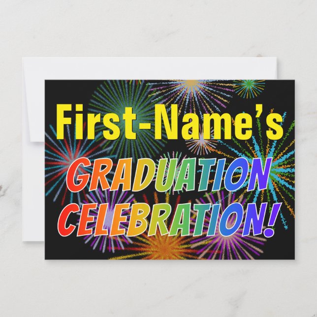 Custom Name, Rainbow Text, Fireworks Grad Party Invitation (Front)
