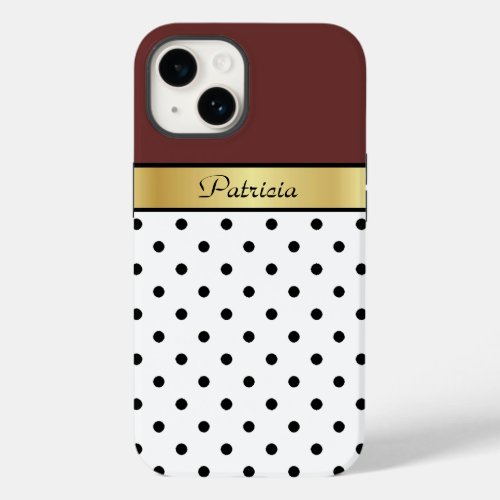 Custom Name Raisin Brown White  Black Polka Dots Case_Mate iPhone 14 Case