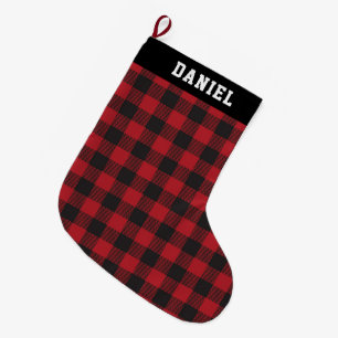 Custom Name Red and Black Buffalo Checks Plaid Large Christmas Stocking