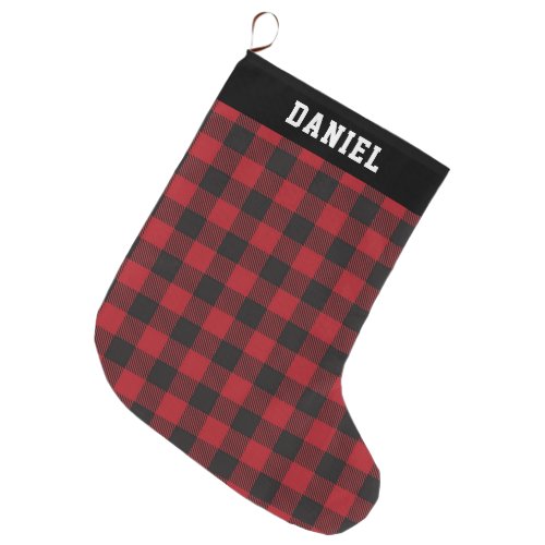 Custom Name Red and Black Buffalo Checks Plaid Large Christmas Stocking