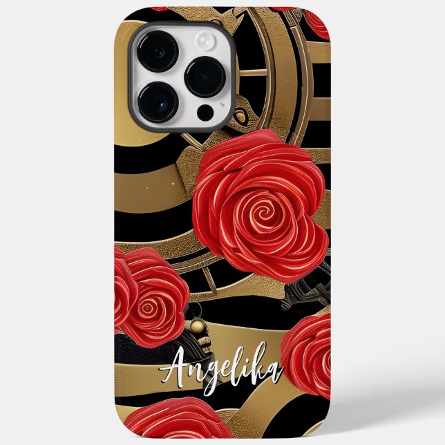 Custom Name Red and Gold Abstract Floral Steampunk Case-Mate iPhone Case (Back)