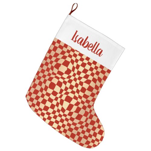 Custom Name Red and Gold Checker Pattern Large Christmas Stocking