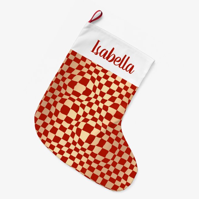 Custom Name Red and Gold Checker Pattern Large Christmas Stocking (Front (Hanging))