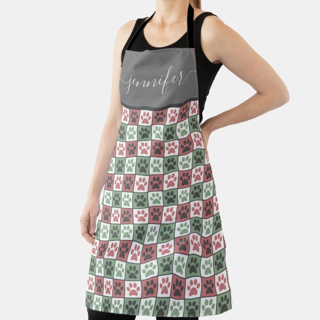 Custom Name Red and Green Dog Paw Print Pattern Apron (Insitu)