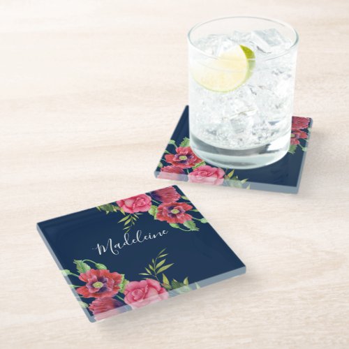 Custom Name Red and Pink Flowers Dark Navy Blue Glass Coaster