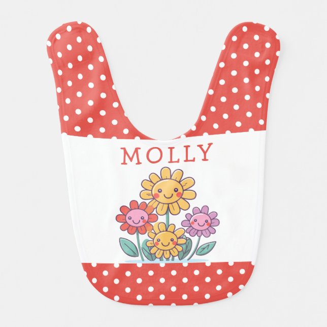 Custom Name Red and White Polka Dot floral  Baby Bib (Front)