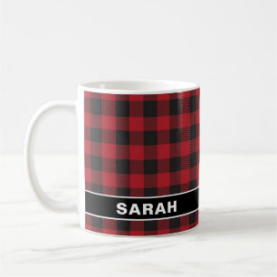 Custom Name Red & Black Buffalo Plaid Tartan Coffee Mug