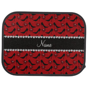 Custom name red black high heels bow diamond car mat