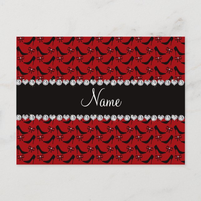 Custom name red black high heels bow diamond postcard (Front)