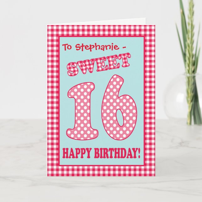 Custom Name Red Check, Polkas, Sweet 16th Birthday Invitation (Front)