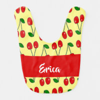 Custom name red cherries on yellow baby bib