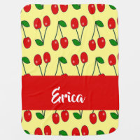 Custom name red cherries on yellow baby blanket
