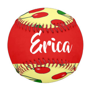 Custom name red cherries on yellow baseball