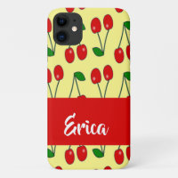 Custom name red cherries on yellow iPhone 11 case